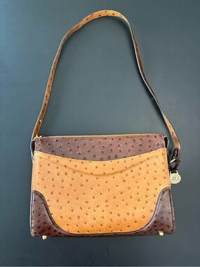 Brahmin Melborne Brown Ostrich Embossed Shoulder Bag Purse Leather